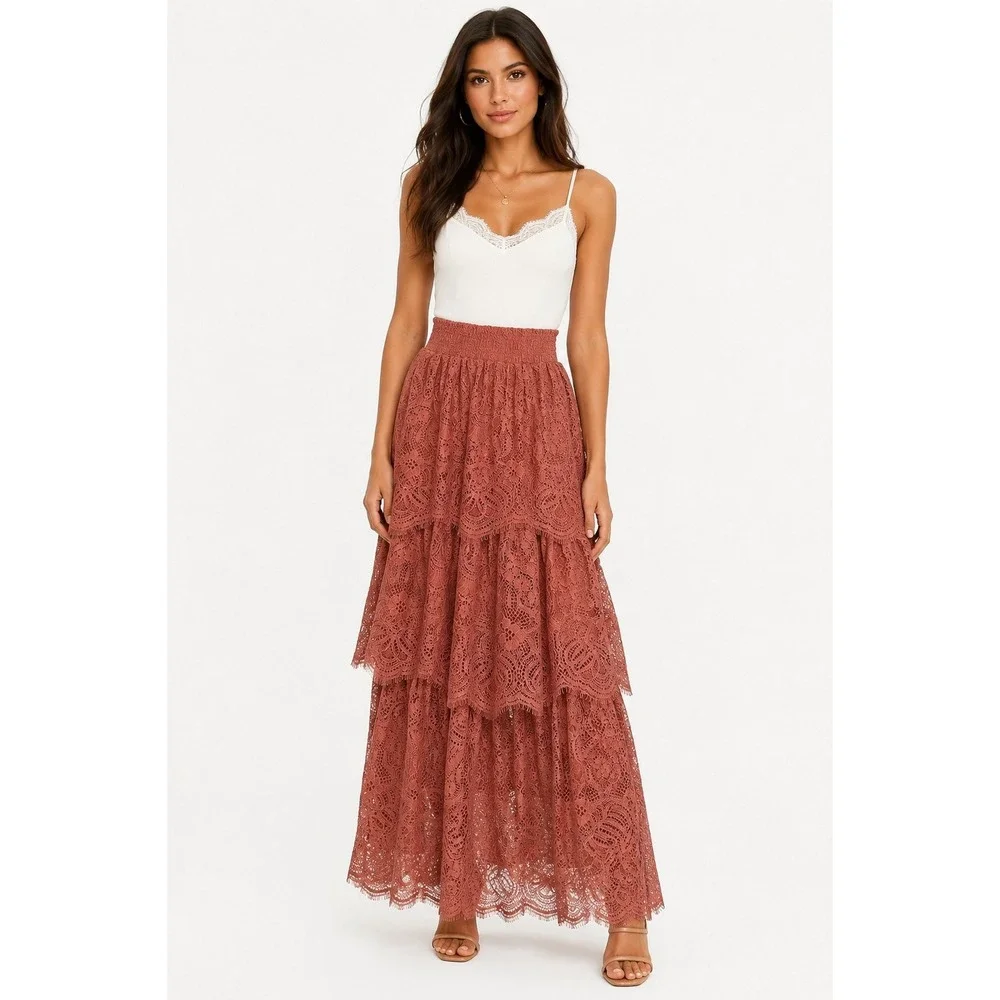 H&M Rust Brown Floral Lace Tiered Maxi Skirt Smocked Waist Size 2 Boho Summer